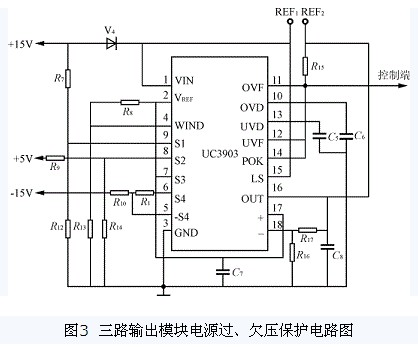 三路輸出模塊電源過(guò)、欠壓保護(hù)電路圖