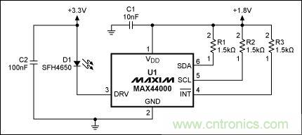 圖2：MAX44000典型電路，帶有發(fā)射器旁路