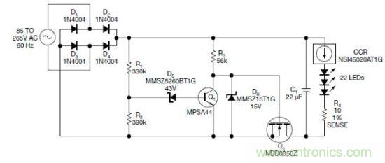圖1：電路以恒流驅動一串LED，可用于全世界的各種交流電壓
