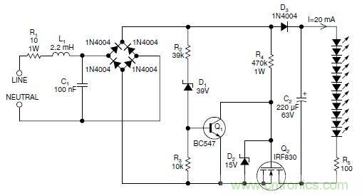 圖2：斬波工作類似圖1中的電路，但以較大的LED串聯(lián)電阻代替了恒流源，提供限流功能