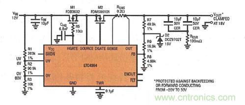 圖8：LTC4364 提供了針對(duì)過壓、短路或反向電壓的內(nèi)置輸出端口保護(hù)功能