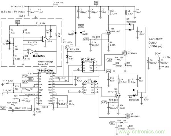 TPS40090 多相降壓控制器的 4 相、300W 升壓電源
