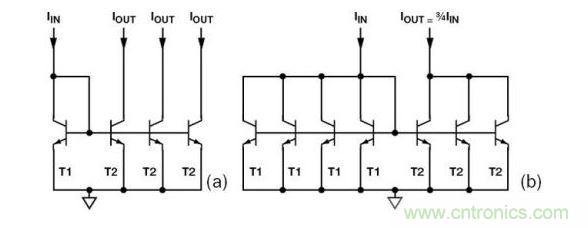 （a） 多級電流鏡 （b） 非整數比例電流鏡可將3個T2集電極結合起來，得到3IIN