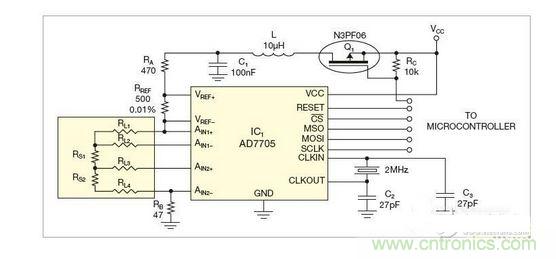 測(cè)量電路測(cè)三個(gè)點(diǎn)的值，微控制器就可以計(jì)算出傳感器值