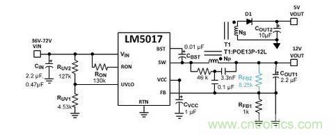 基于 LM5017 的 Fly-Buck 轉換器電路，沒有基于光耦合器的穩(wěn)壓電路