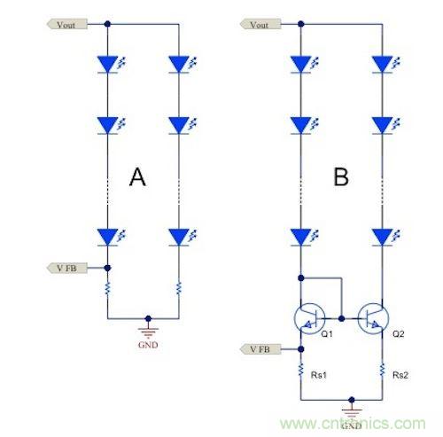 電流鏡 (B) 可針對簡單電阻器電流調(diào)節(jié) (A) 提供各種優(yōu)勢。