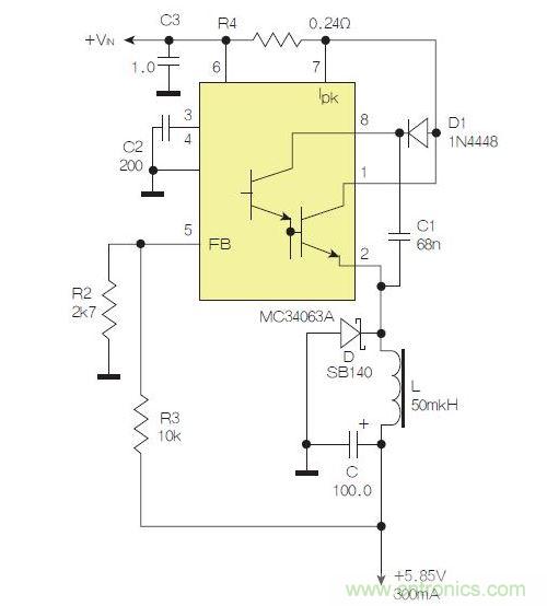 采用降壓配置中廣為使用的MC33063/MC34063的一個示例。