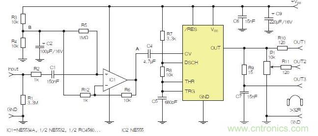 含運(yùn)算放大器和NE555定時(shí)器的耳機(jī)和音頻線路驅(qū)動器。也可以使用CMOS版本(如LMC555)，但輸出電流較低。其優(yōu)點(diǎn)為工作頻率較高。
