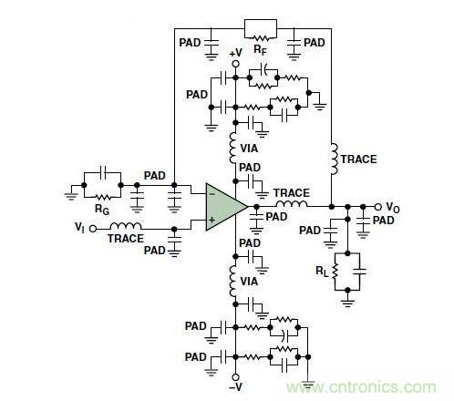 典型的運(yùn)算放大器電路，(a)原設(shè)計(jì)圖，(b)考慮寄生效應(yīng)后的圖