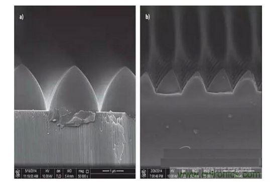 圖案化藍(lán)寶石基板通過(guò)光致抗蝕劑掩膜在電感耦合等離子體干法反應(yīng)性腐蝕保持良好剛性結(jié)構(gòu)（如圖a）,然而，如果光致抗蝕劑掩膜的剛性結(jié)構(gòu)在抗蝕過(guò)程中沒(méi)有得到保持，那么結(jié)果會(huì)很差（如圖b）