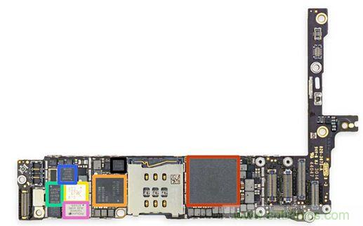 iPhone 6 Plus主板采用1GB RAM的蘋(píng)果A8 SoC作為核心部件。（來(lái)源：iFixit）