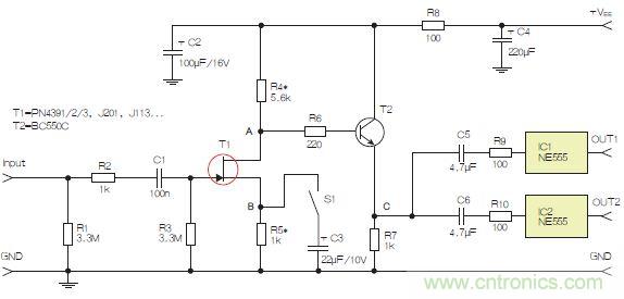 圖3：采用兩個(gè)工作在不同頻率下的555定時(shí)器電路，以獲取不同的音效。