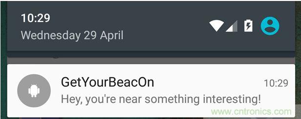 圖10 – 安卓系統(tǒng)通知，提示附近發(fā)現(xiàn)Beacon