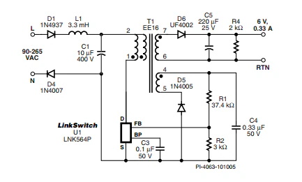 LinkSwitch-LP 系列旨在取代手機/無繩電話、PDA、數(shù)碼相機和便攜式音頻播放器等應用中輸出功率 < 2.5 W 的低效線頻線性變壓器電源。LinkSwitch-LP 還可用作白色家電等應用中的輔助電源。  LinkSwitch-LP 將高壓功率 MOSFET 開關與 ON/OFF 控制器集成在一個設備中。它完全由漏極引腳自供電，具有低 EMI 的抖動開關頻率，并且具有全面的故障保護。自動重啟可限制過載和輸出短路條件下的器件和電路耗散，而遲滯過溫保護會在熱故障期間禁用內(nèi)部 MOSFET。EcoSmart 技術使設計能夠輕松實現(xiàn) < 150 mW 的空載功耗，滿足能源效率要求。  LinkSwitch-LP 的設計目的是在輸出功率低于 2.5 W 時無需初級側鉗位電路，從而顯著減少組件數(shù)量和總系統(tǒng)成本。圖 1 顯示了基于 LinkSwitch-LP 的 2 W 電源，不帶初級側鉗位。LinkSwitch-LP 系列經(jīng)過優(yōu)化，當變壓器上的輔助或偏置繞組提供反饋時，可提供近似的 CV/CC 輸出特性。這非常適合取代工頻變壓器的應用，提供兼容的輸出特性，但過載、短路電流和輸入線電壓變化較小。  　  在無鉗位設計中使用 LinkSwitch-LP 的基本電路原理圖。  快速開始  　 LinkSwitch-LP 反激式設計流程圖
